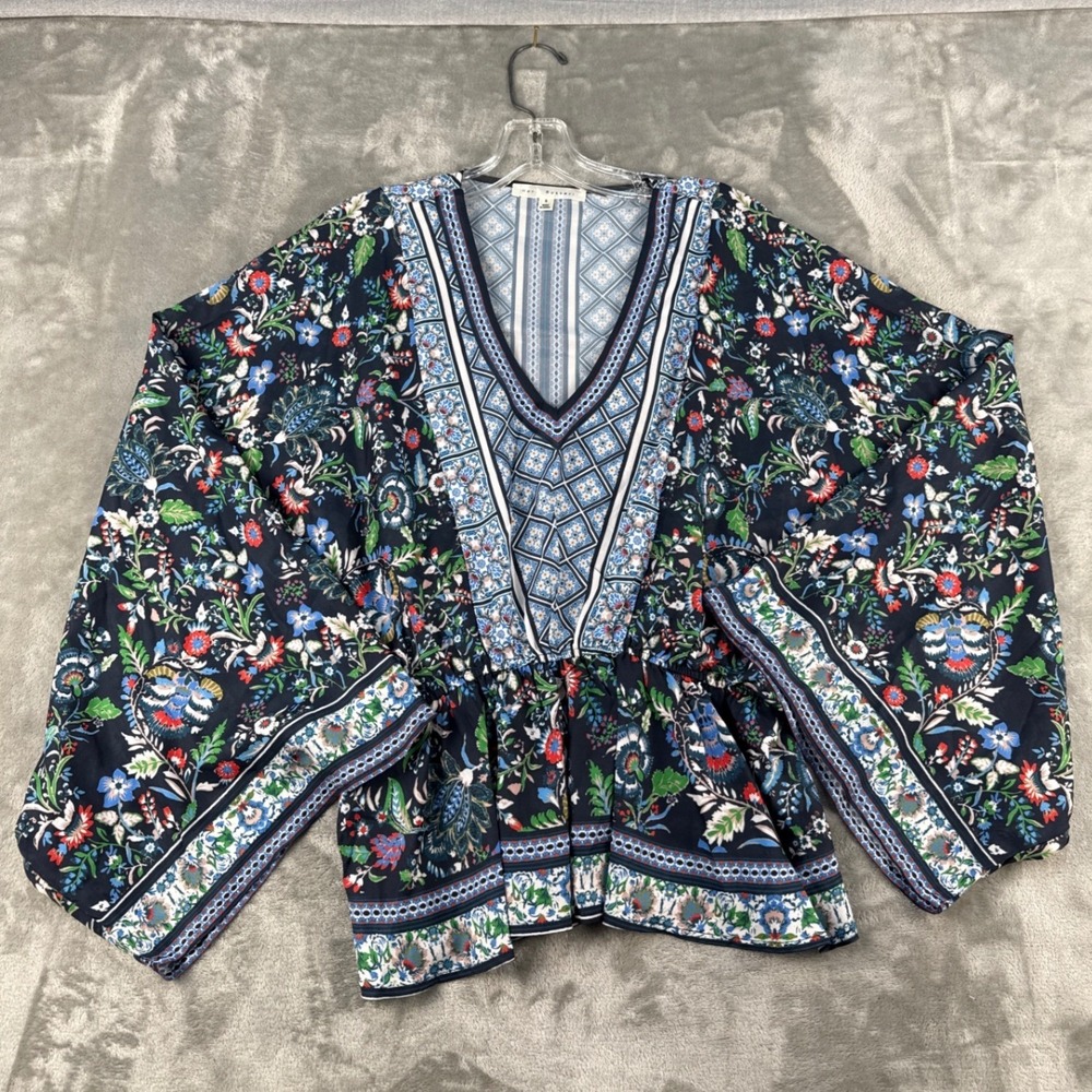 Her Bottari Blouse Womens Small Navy Floral Kimono Sleeve Peplum EUC